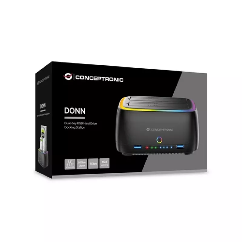 Conceptronic DONN36B base de acoplamiento para HDD/SSD SATA de 2 bahías, USB 3.0, 2x USB-A, negra