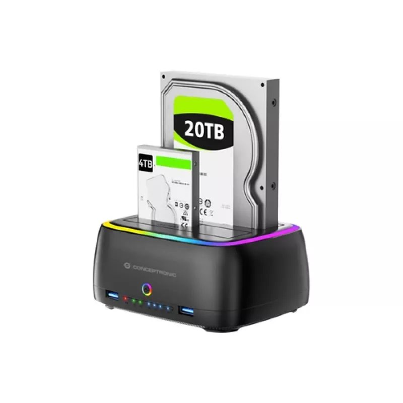 Conceptronic DONN36B base de acoplamiento para HDD/SSD SATA de 2 bahías, USB 3.0, 2x USB-A, negra