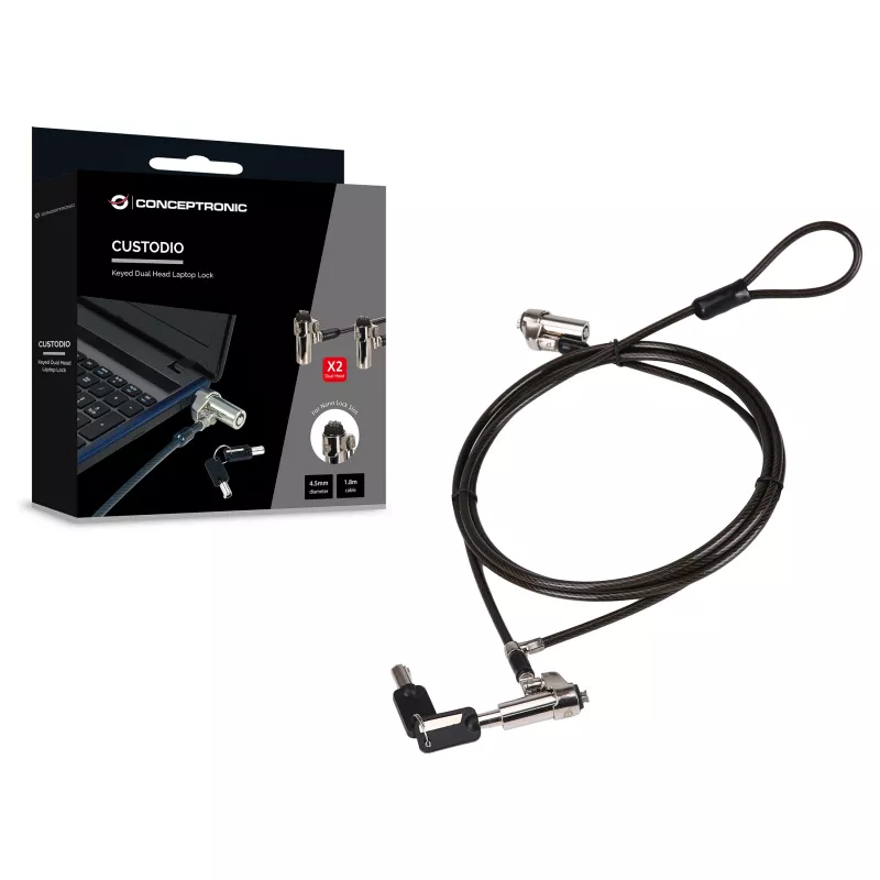Candado de seguridad para portátil Conceptronic NBT Nano-Lock Dual, 4 dígitos, cable de acero de 1,8 m, negro/plata