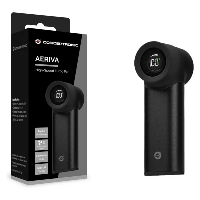 Conceptronic Turbo Ventilador de mano, USB-C a USB-A, aluminio, 5V, negro