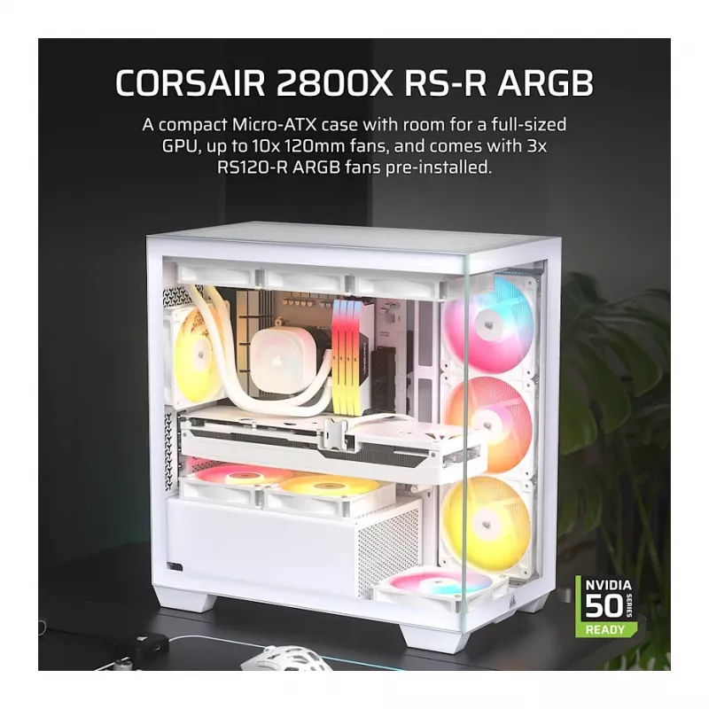 CORSAIR 2800X RS-R ARGB caja cubo Micro-ATX de doble cámara, blanca, con cristal templado panorámico y 2 ventiladores LL120 RGB