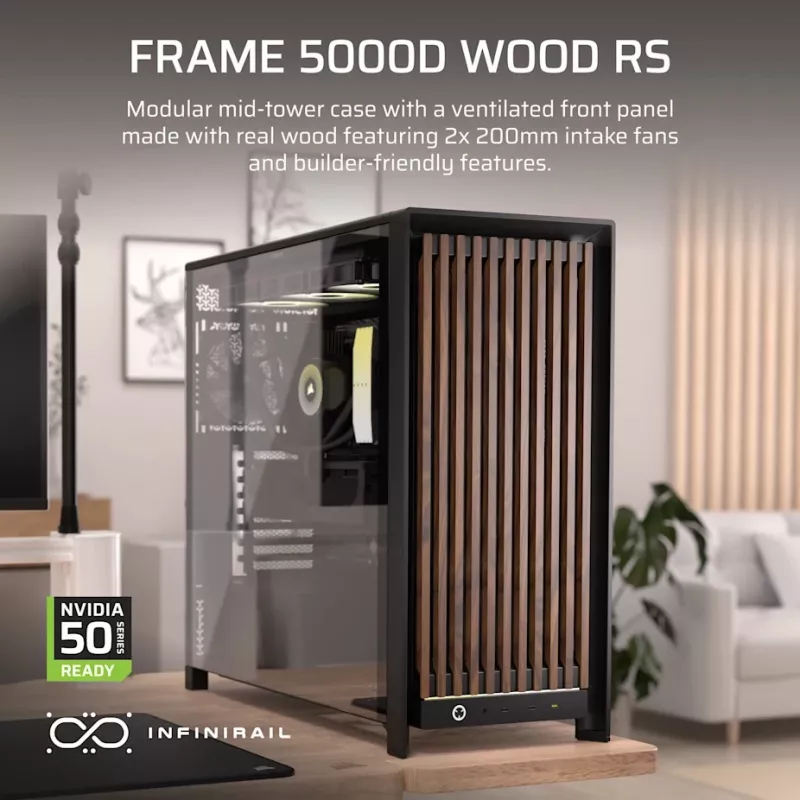 Corsair FRAME 5000D WOOD RS Caja de PC semitorre, negro/nogal, E-ATX, ATX, Micro-ATX, Mini-ITX, acero/cristal templado/plástico/madera de nogal, gaming