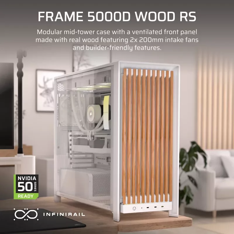 Corsair FRAME 5000D WOOD RS carcasa de PC mid-tower, blanco/nogal, cristal templado, ATX, E-ATX, Micro-ATX, Mini-ITX, acero/plástico, gaming