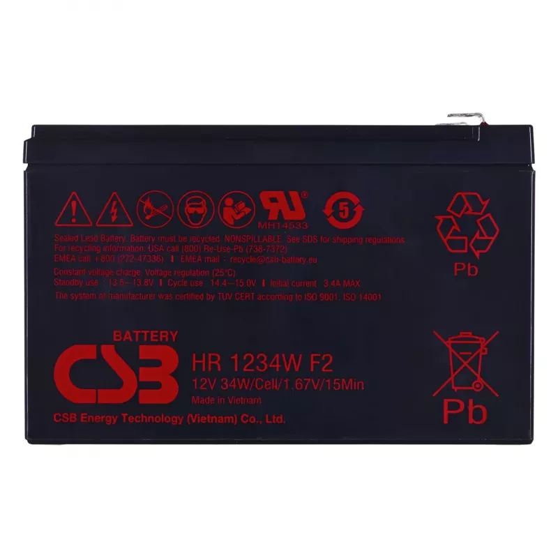 CSB HR1234WF2 Batería VRLA AGM 12V 9Ah con conectores F2