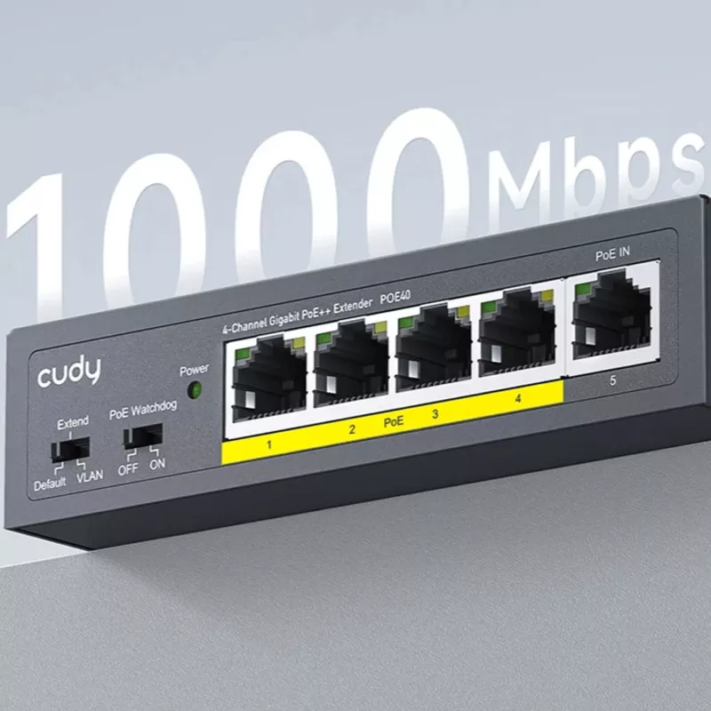CUDY POE40 Switch/extensor PoE de 4 puertos con 1 uplink, 802.3af/at, extensión 250m, carcasa metálica