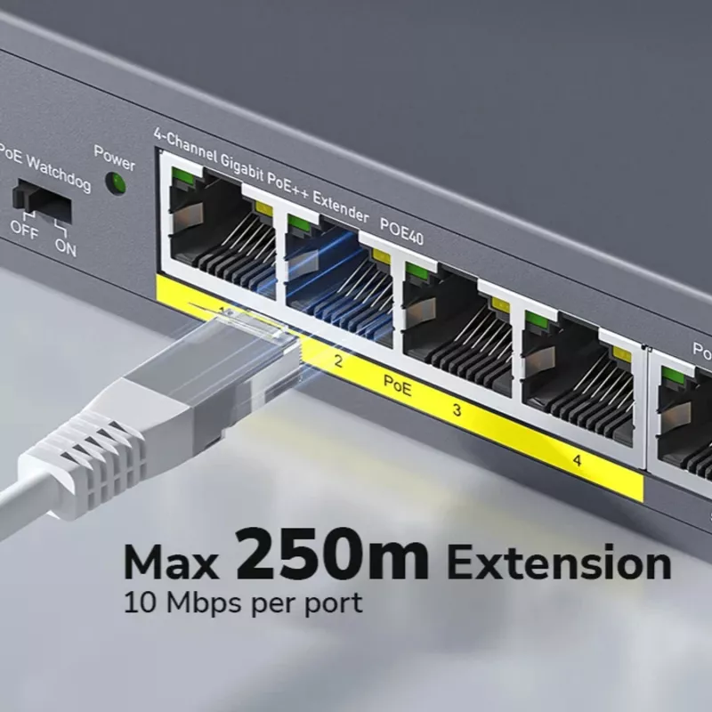 CUDY POE40 Switch/extensor PoE de 4 puertos con 1 uplink, 802.3af/at, extensión 250m, carcasa metálica