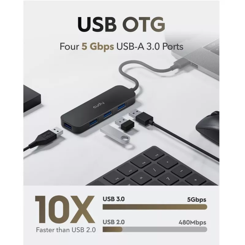 Cudy UH40A PortMate hub USB-A a 4 puertos USB 3.0 5Gbps solo datos plástico compacto negro