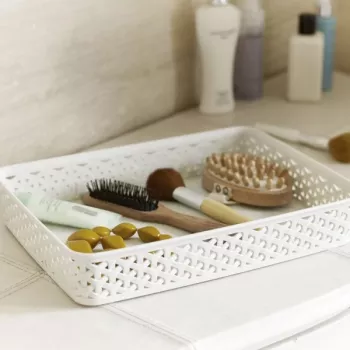 CURVER My Style Cesta de almacenamiento A4 en Crema efecto mimbre — Organizador de PP duradero con asas integradas, apilable