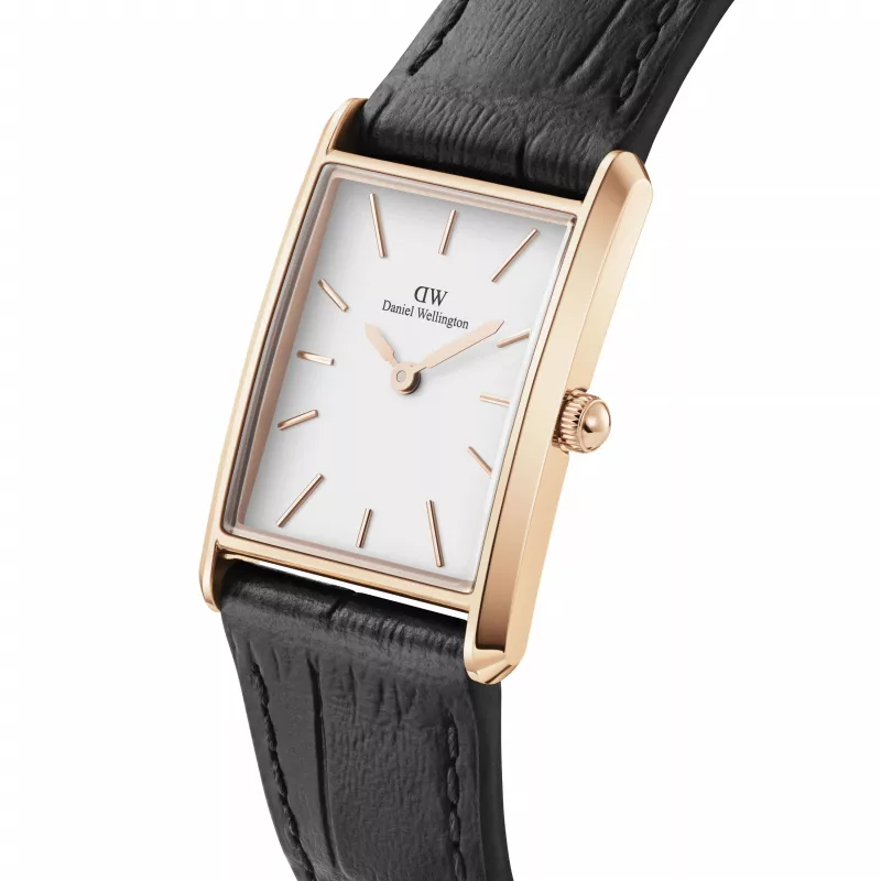 DANIEL WELLINGTON Quadro Reloj de mujer 32mm oro rosa acero inoxidable esfera blanco crema correa de piel negra DW00100693
