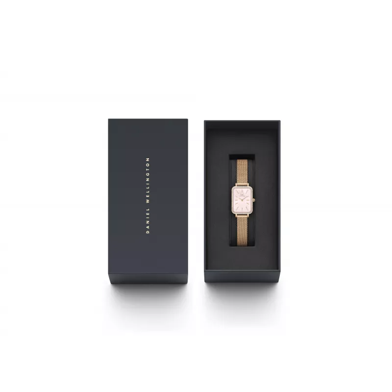 DANIEL WELLINGTON Quadro reloj de mujer DW00100669 – 20mm caja en oro rosa, correa de piel negra