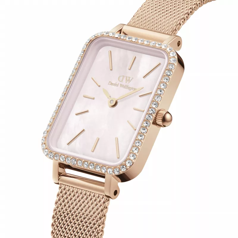 DANIEL WELLINGTON Quadro reloj de mujer DW00100669 – 20mm caja en oro rosa, correa de piel negra