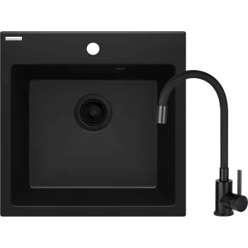 DEANTE Fregadero de cocina de compuesto de granito con grifo monomando cromado, 1 cubeta, Negro, 780x435 mm