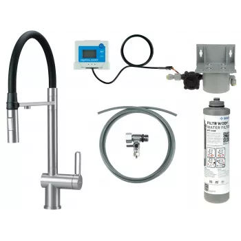DEANTE Grifo de cocina con set de filtro de agua, caño flexible, negro mate, 3 vías