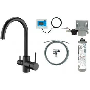 DEANTE Grifo de cocina con set de filtro de agua, negro mate, latón, 3 vías