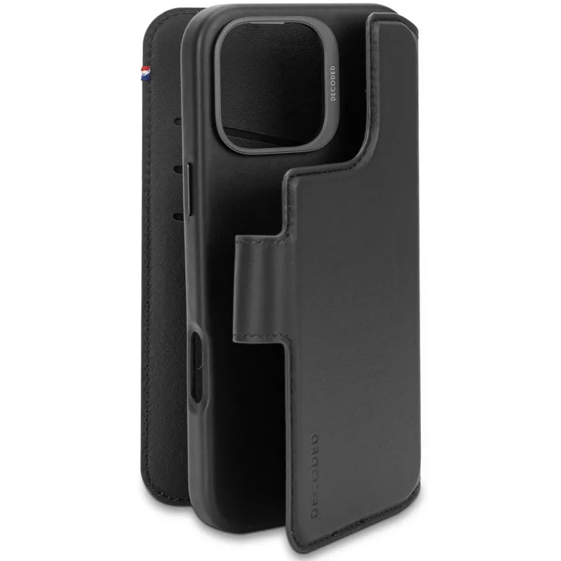 Decoded funda cartera de piel con compartimento extraíble para tarjetas para iPhone 16 Pro Max, compatible con MagSafe, negra