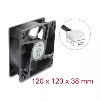 Ventilador axial Delock 48V DC, 120x120x38mm, 4 pines PWM, rodamiento de bolas, 3000 rpm, 170 m³/h, negro