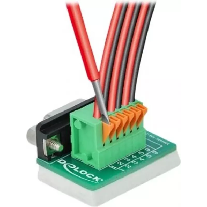 Delock Adaptador D-Sub 9 conector hembra a bloque de terminales de 6 pines con tornillos moleteados y pulsador 66556