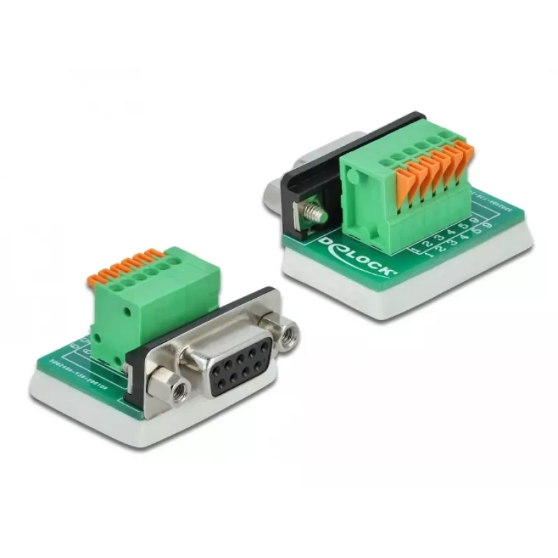 Delock Adaptador D-Sub 9 conector hembra a bloque de terminales de 6 pines con tornillos moleteados y pulsador 66556