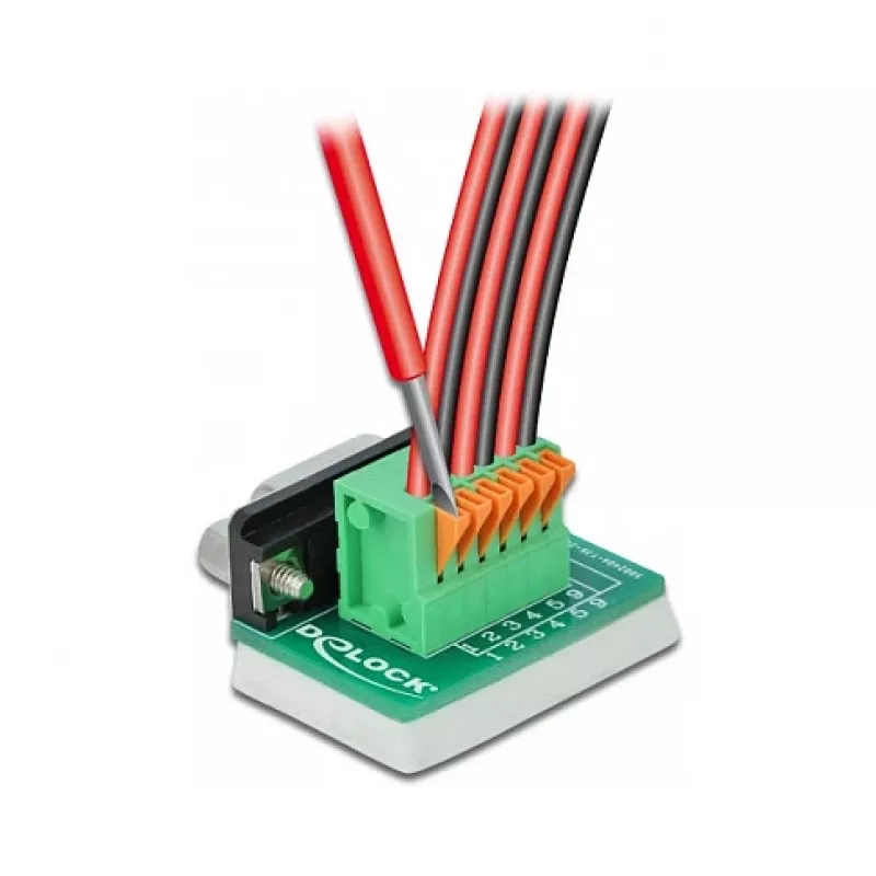 Delock Adaptador D-Sub 9 conector hembra a bloque de terminales de 6 pines con tornillos moleteados y pulsador 66556