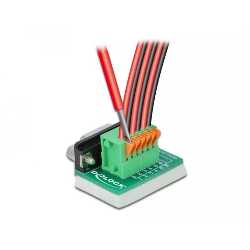 Delock Adaptador D-Sub 9 conector hembra a bloque de terminales de 6 pines con tornillos moleteados y pulsador 66556