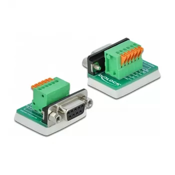 Delock Adaptador D-Sub 9 conector hembra a bloque de terminales de 6 pines con tornillos moleteados y pulsador 66556