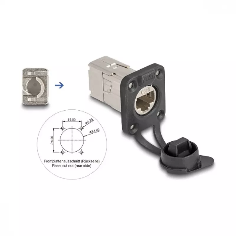 Delock Conector hembra RJ45 tipo D de empotrar Cat.6A STP con conexión LSA y tapa protectora IP66