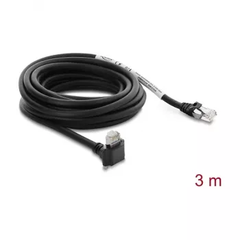 Delock Cable para cámara GigE Cat.6 S/FTP 3m, conector RJ45 en ángulo de 90° con tornillos (28mm) a conector RJ45 recto, Negro