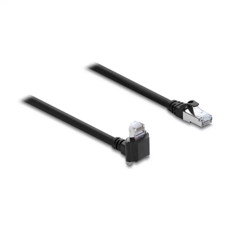 Delock Cable de cámara GigE conector macho RJ45 en ángulo de 90° con tornillos, longitud del conector 28 mm a conector macho RJ45 Cat.6 S/FTP 5 m Negro