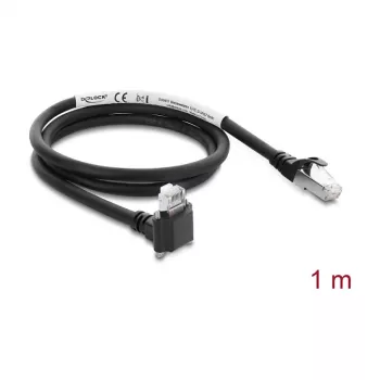 Delock Cable de cámara GigE conector macho RJ45 en ángulo de 90° con tornillos, longitud del conector 28 mm a conector macho RJ45 Cat.6 S/FTP 1 m Negro
