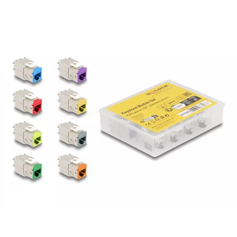 Delock módulo keystone RJ-45 hembra a LSA hembra STP CAT 6a, pack de 8 (gris, azul, amarillo, rojo, verde, naranja, violeta, amarillo neón) 87896