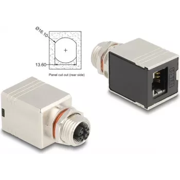 Delock Adaptador M12 codificación X 8 pines conector hembra a conector hembra RJ45 Cat.6A STP apantallado recto