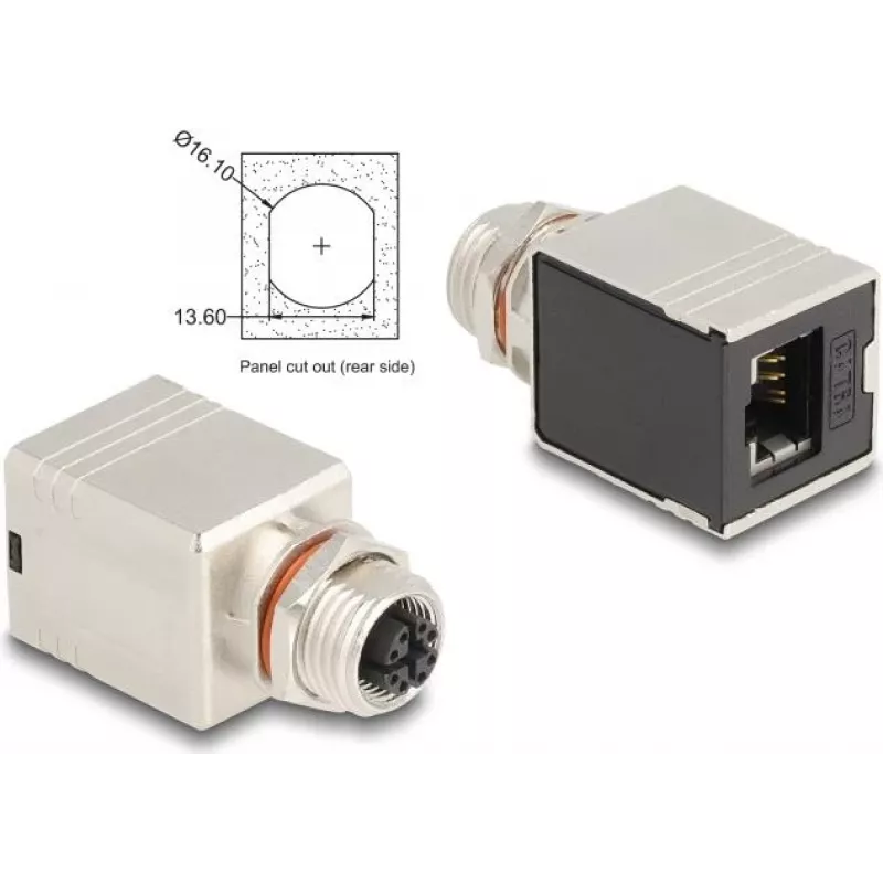 Delock Adaptador M12 codificación X 8 pines conector hembra a conector hembra RJ45 Cat.6A STP apantallado recto