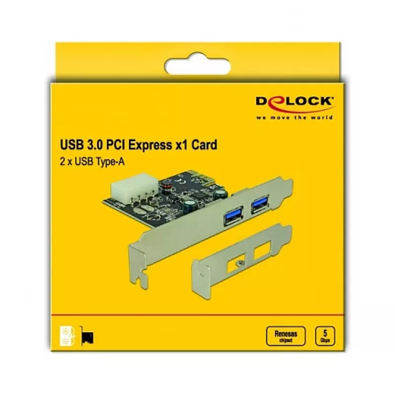 Delock Tarjeta PCI Express x1 a 2 x USB 3.2 Gen 1 Type-A, Low-Profile