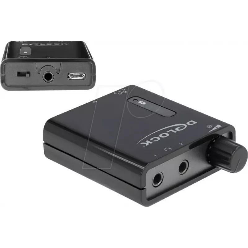 Delock amplificador de auriculares estéreo portátil con dos salidas y refuerzo de graves