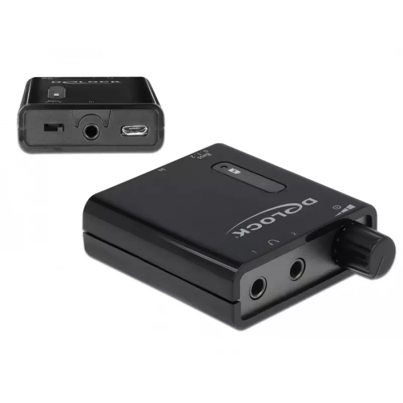 Delock amplificador de auriculares estéreo portátil con dos salidas y refuerzo de graves