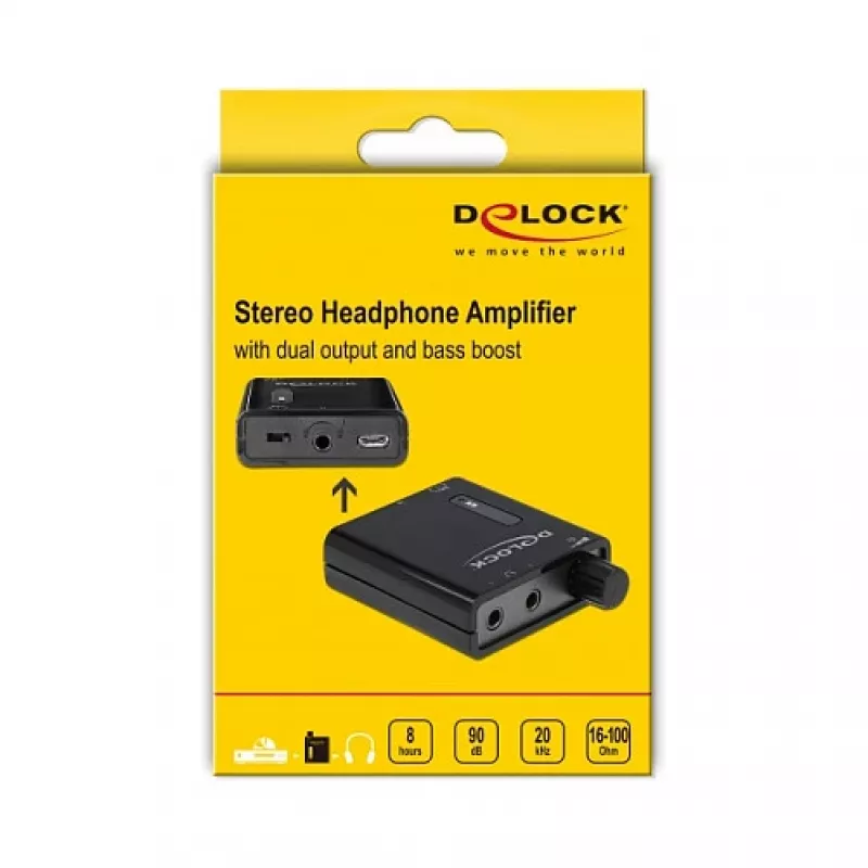 Delock amplificador de auriculares estéreo portátil con dos salidas y refuerzo de graves