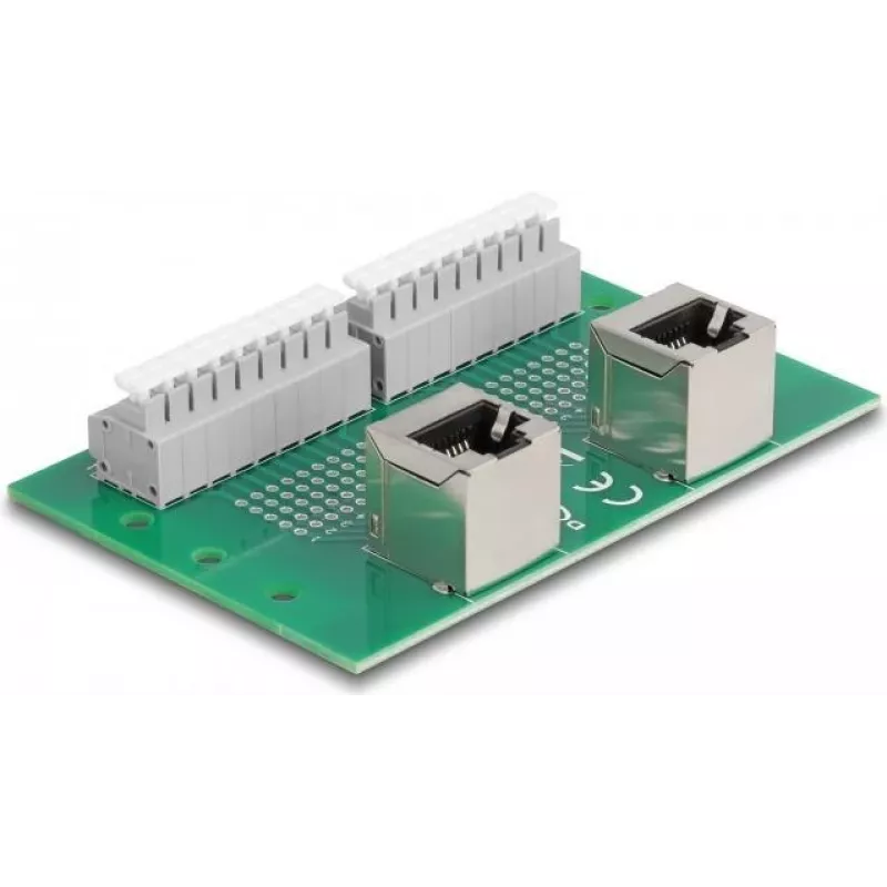 Delock RJ45 2 x conector hembra a 2 x bloque de terminales con pulsador para carril DIN en ángulo (66995)
