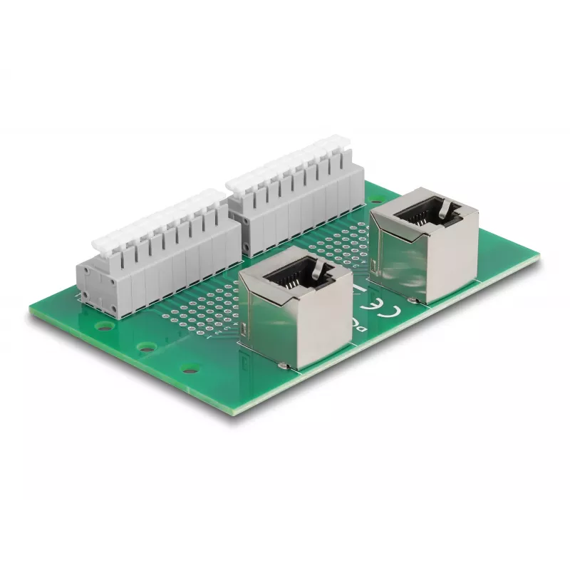 Delock RJ45 2 x conector hembra a 2 x bloque de terminales con pulsador para carril DIN en ángulo (66995)