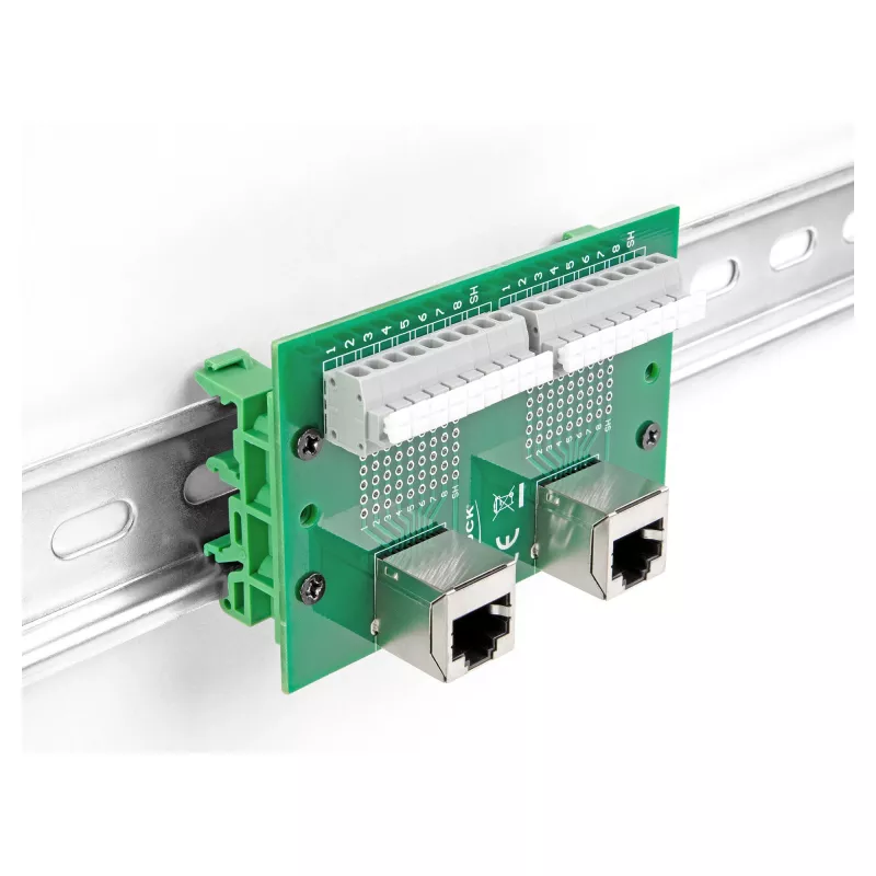 Delock RJ45 2 x conector hembra a 2 x bloque de terminales con pulsador para carril DIN en ángulo (66995)
