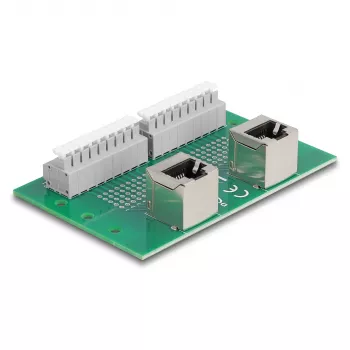 Delock RJ45 2 x conector hembra a 2 x bloque de terminales con pulsador para carril DIN en ángulo (66995)