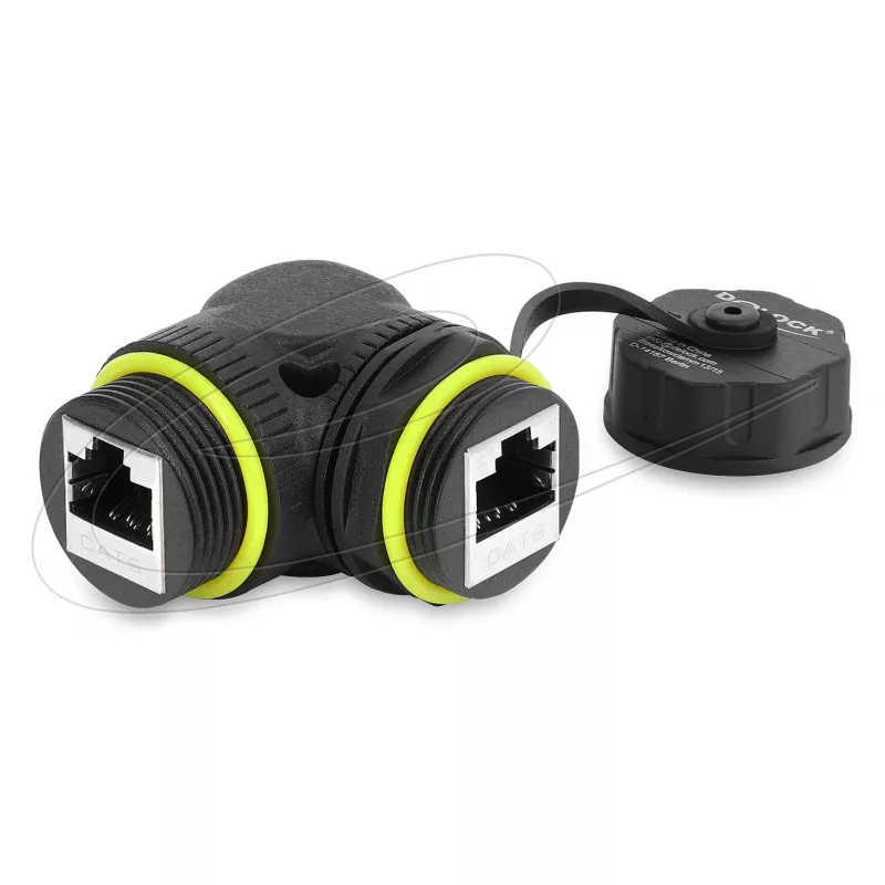 Delock Acoplador RJ45 Cat.6 conector hembra a conector hembra con rosca M23 x 1,5 mm y tapa protectora, 90° en ángulo, IP68, Negro