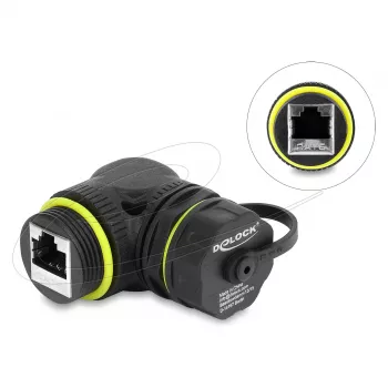 Delock Acoplador RJ45 Cat.6 conector hembra a conector hembra con rosca M23 x 1,5 mm y tapa protectora, 90° en ángulo, IP68, Negro