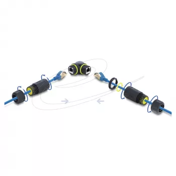 Delock conector hembra a conector hembra RJ45 Cat.6 con rosca M23 x 1,5 mm, acodado 90°, IP68 resistente al polvo y al agua, negro