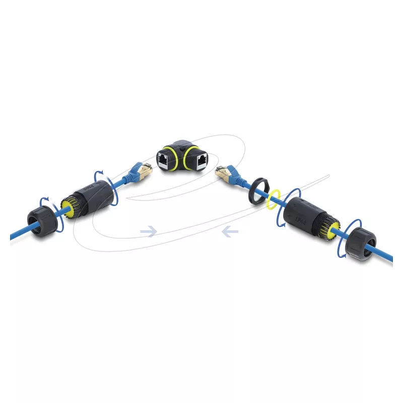 Delock conector hembra a conector hembra RJ45 Cat.6 con rosca M23 x 1,5 mm, acodado 90°, IP68 resistente al polvo y al agua, negro