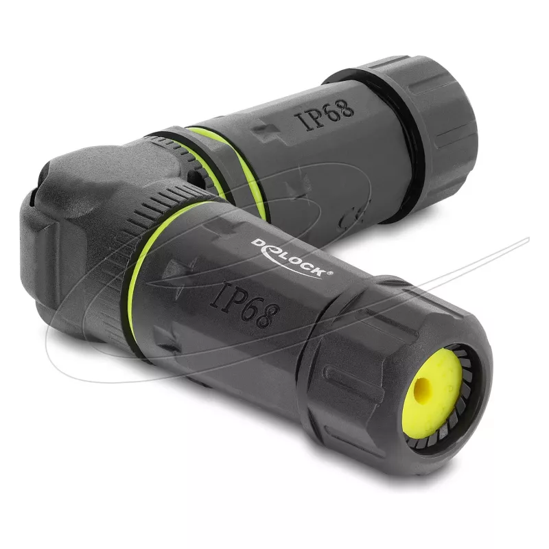 Delock conector hembra a conector hembra RJ45 Cat.6 con rosca M23 x 1,5 mm, acodado 90°, IP68 resistente al polvo y al agua, negro