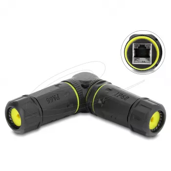 Delock conector hembra a conector hembra RJ45 Cat.6 con rosca M23 x 1,5 mm, acodado 90°, IP68 resistente al polvo y al agua, negro