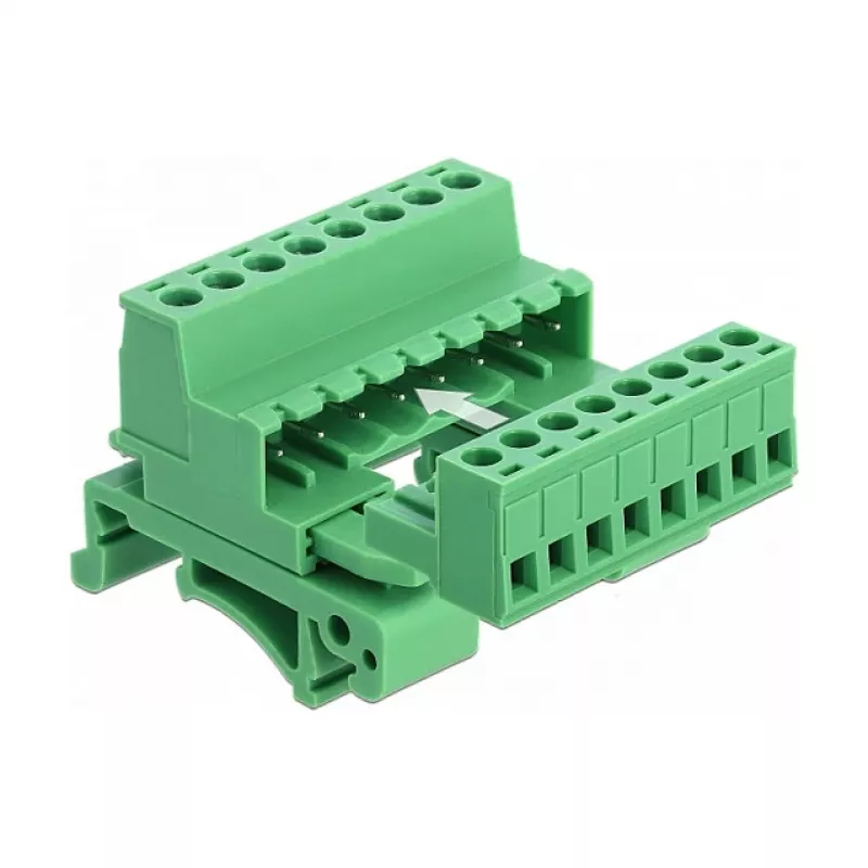 DeLOCK Set de bloques de terminales para carril DIN, 8 polos, paso 5,08 mm, en ángulo, verde