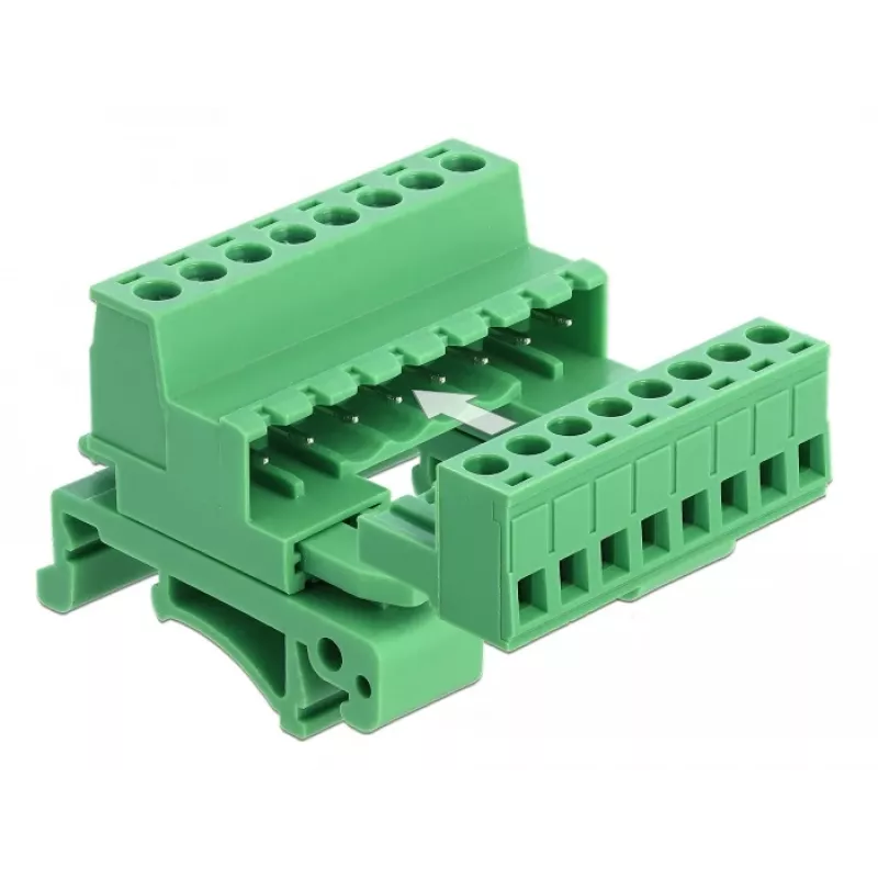 DeLOCK Set de bloques de terminales para carril DIN, 8 polos, paso 5,08 mm, en ángulo, verde