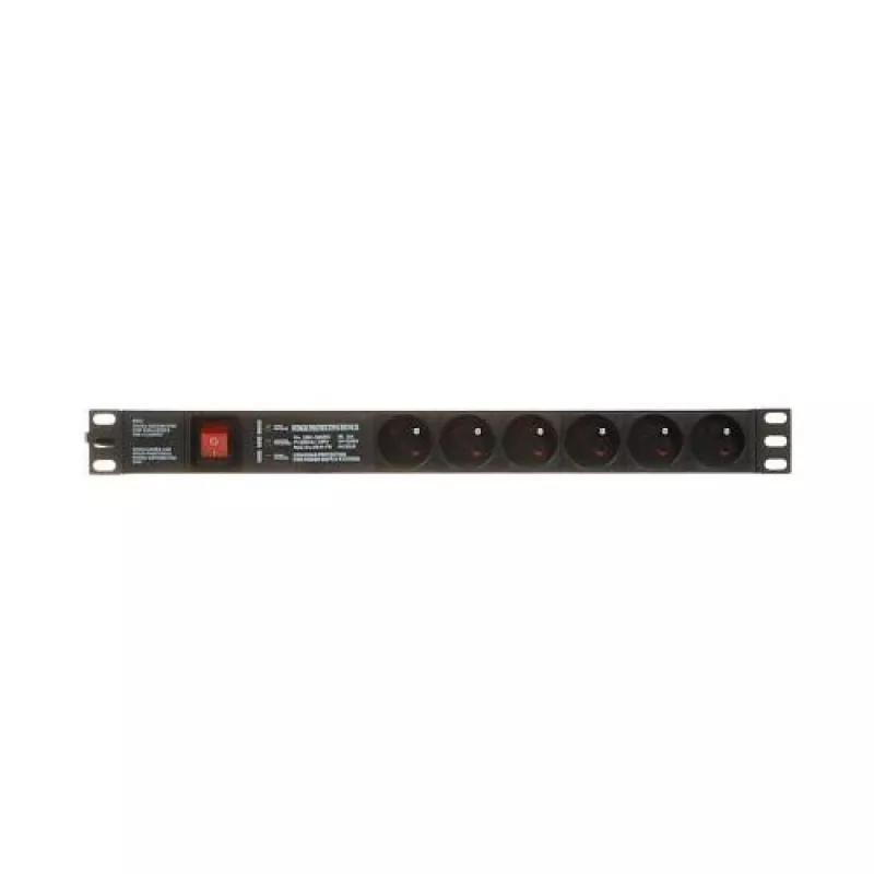 DELTA PD-6/R-SPD-3L Regleta de 6 tomas con protección contra sobretensiones, interruptor bipolar, cable de 1,5 m, tomas tipo E, 2300 W, Negro