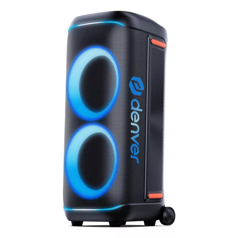 Denver BPS-470 Altavoz Bluetooth para fiestas con karaoke, 2000W PMPO, 20W RMS, luces LED, radio FM, TWS, incl. micrófono, negro